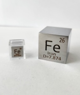 Two cubes of polished Iron: a 1 cm cube on the left in a clear case, and a 1 inch cube on the right