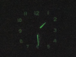 A Mauthe brand alarm clock with Radium paint. First photo in the daylight, second photo in the dark showing the glow more easily.