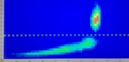 Very small quantities of |pa| and |np| in a solution. For those interested in the technical details, this contributor writes: "While it isn't a macroscopic sample of Pa ... the first [photo] is a sample of tracer-level aqueous Pa-233 in equilibrium with (also tracer) Np-237. Probably a few thousand dpm to a few tens of thousand dpm, didn't bother to check again. Looks pretty much like water, but the second ... image shows how an analysis of this sample can show both elements using alpha/beta discriminating liquid scintillation counting. The colors below the line represent counts due to the Pa-233 betas, and the colors above the line are from Np-237 alphas. The x-axis is channel (energy) and the y-axis is [the] pulse length [index] - shorter for betas, longer for alphas ... Radiochemistry is my day job and it is pretty great - lots of unusual things to study."