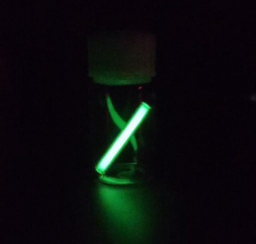 Small ampoule of Tritium (Hydrogen with one proton and two neutrons) of unknown purity. Tritium is radioactive, and provides a continuous source of energy to a phosphor pigment coated on the inside of the ampoule, which glows an eerie green.