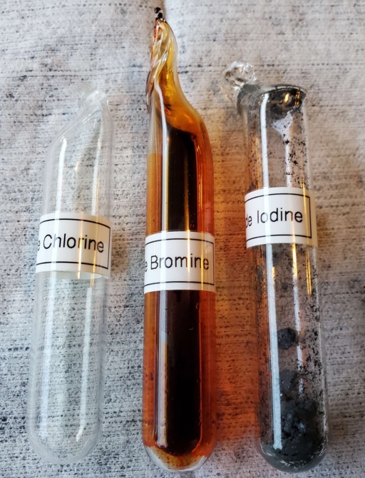 In most cases, |cl|, |br|, and |i| are the only Elements in the halogen group that people can get. |f| is overwhelmingly reactive and requires special equipment to contain, while |at| is overwhelmingly radioactive and has not been isolated in a sample large enough to see.